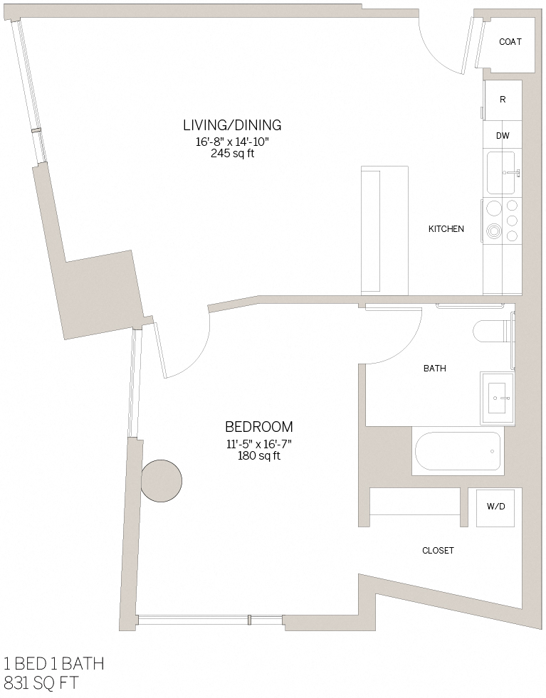 Floor plan for 1 bed, 1 bath, 831 sqft